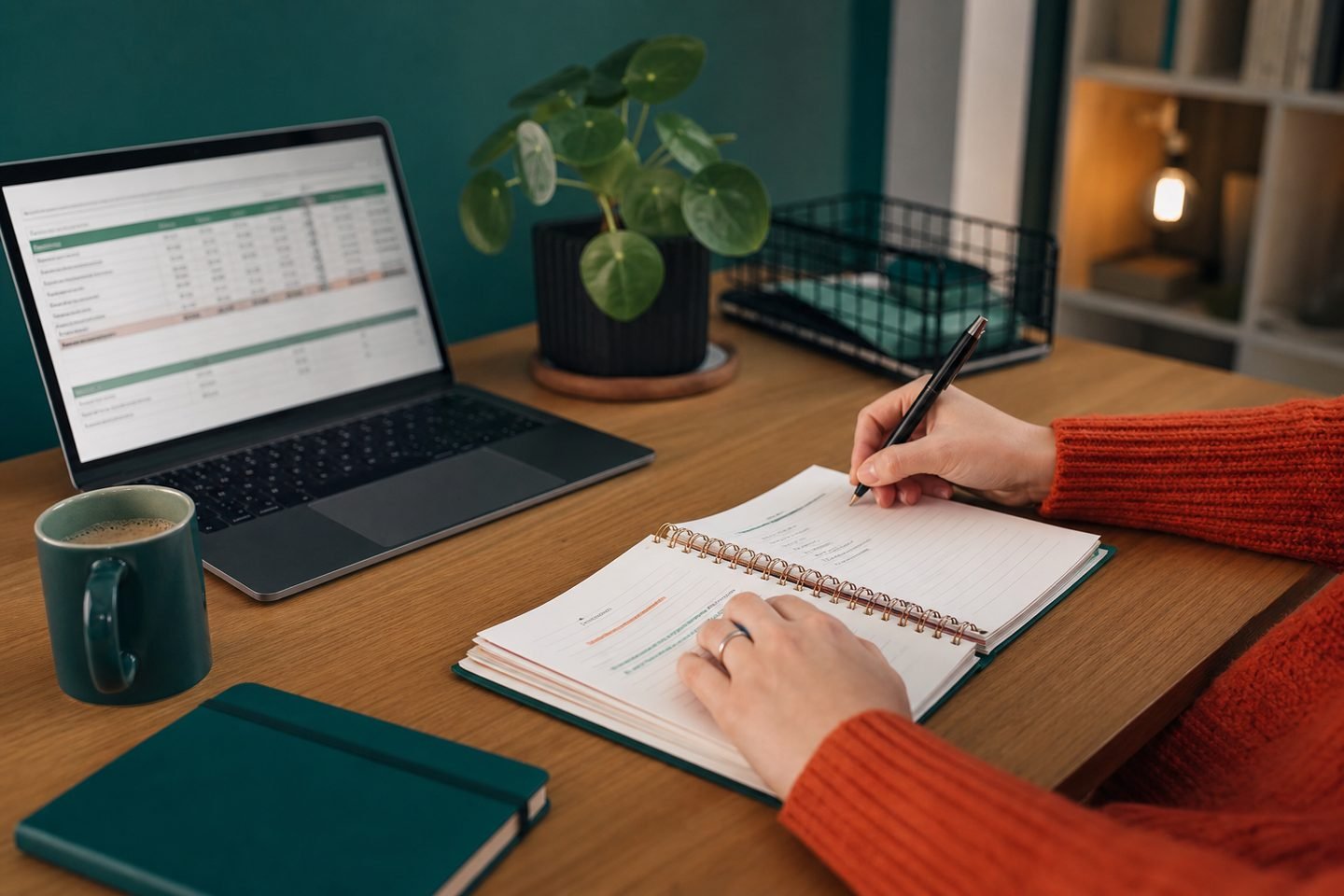 Haushaltsbudget planen: Notizen im Planer neben Laptop mit Budgetübersicht